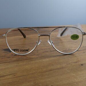 EYEZOOM GOLD FRAME 55MM UNISEX AVAITOR READING GLASSES 2.50 NWT